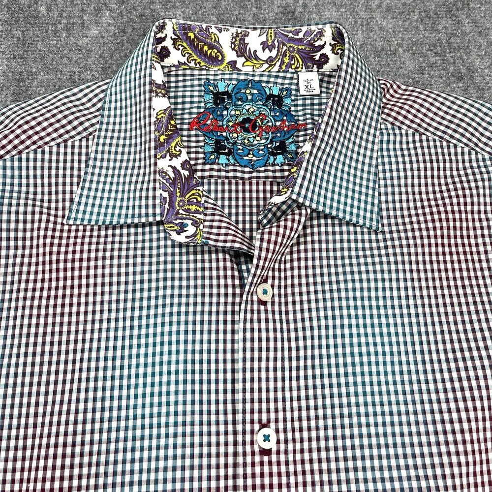 Robert Graham Button Up Shirt Mens XL Classic Fit Maroon Green Check Flip Cuff